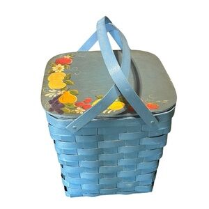 Rare Vtg Signed RUTH Blue With Floral Fruit Wood Top Basket Handles Strawberries